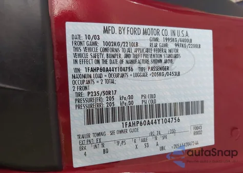 2004 Ford Thunderbird z USA, uszkodzony, nr VIN 1FAHP60A44Y104756